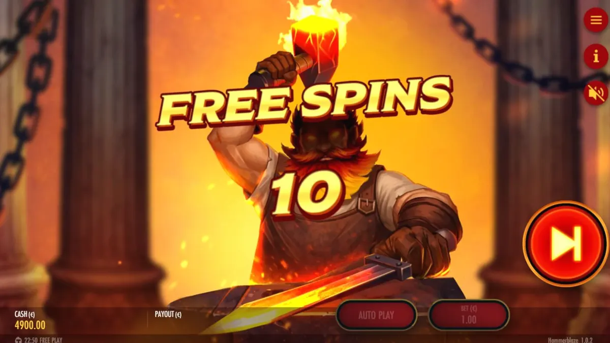 Hammerblaze slot game interface featuring volcanic forge theme