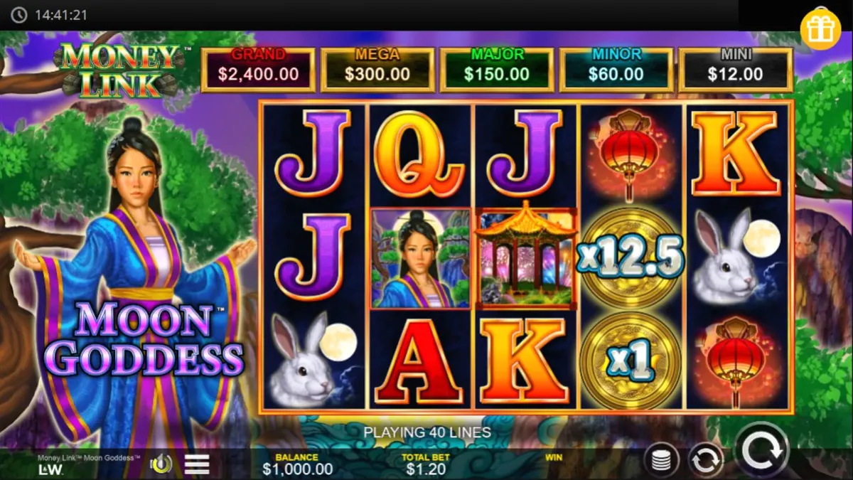 Tampilan visual slot Money Link Moon Goddess dengan nuansa taman malam Asia yang elegan